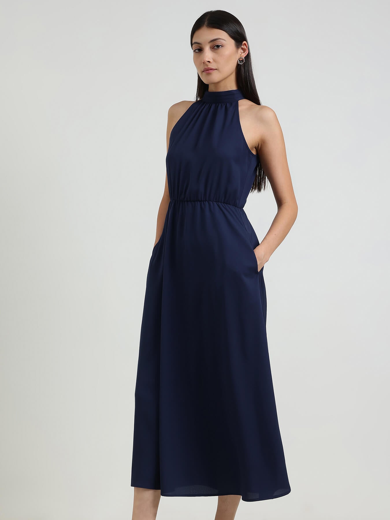 Halter Neck Fit & Flare Dress - Navy Blue