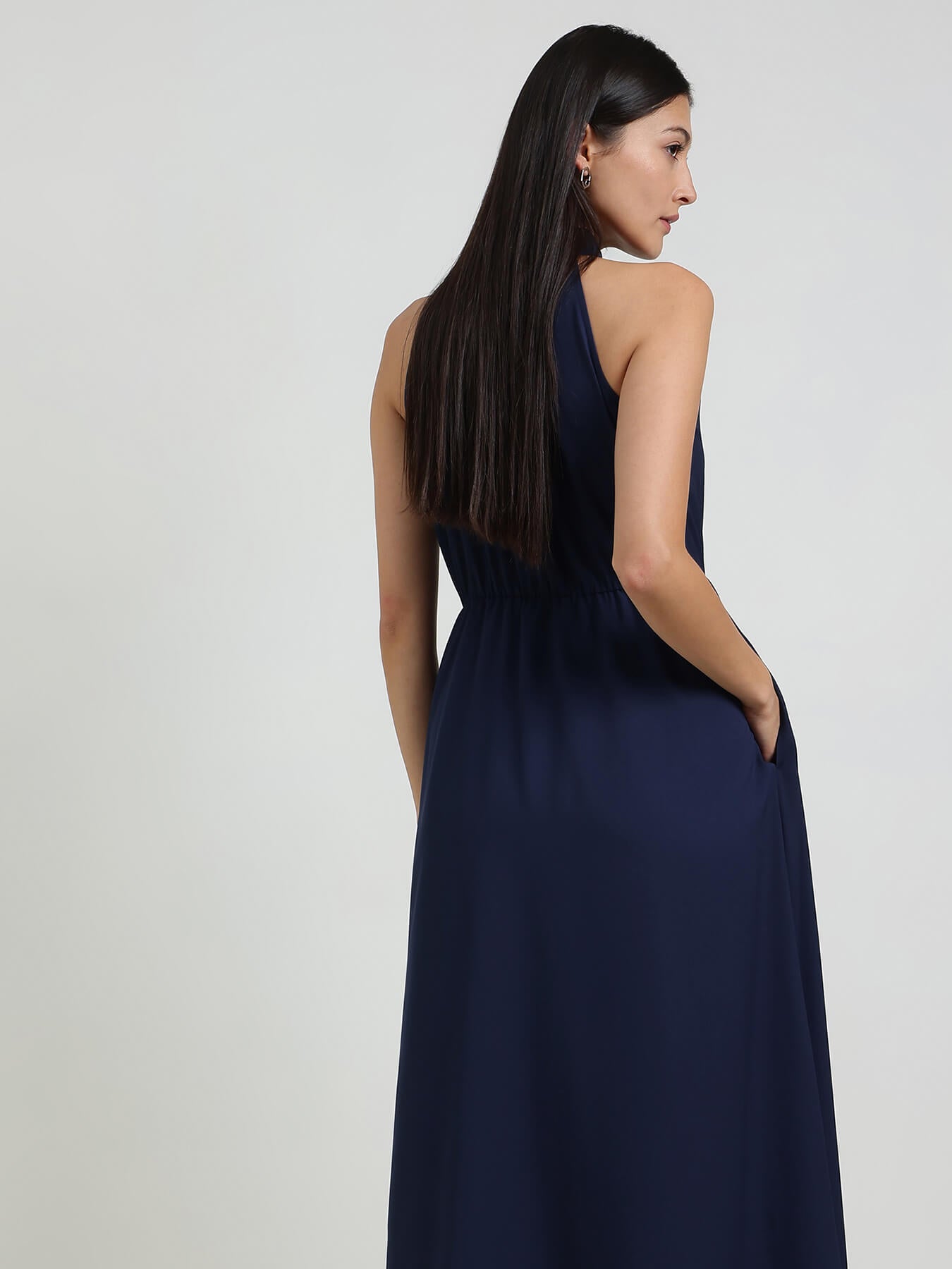 Halter Neck Fit & Flare Dress - Navy Blue