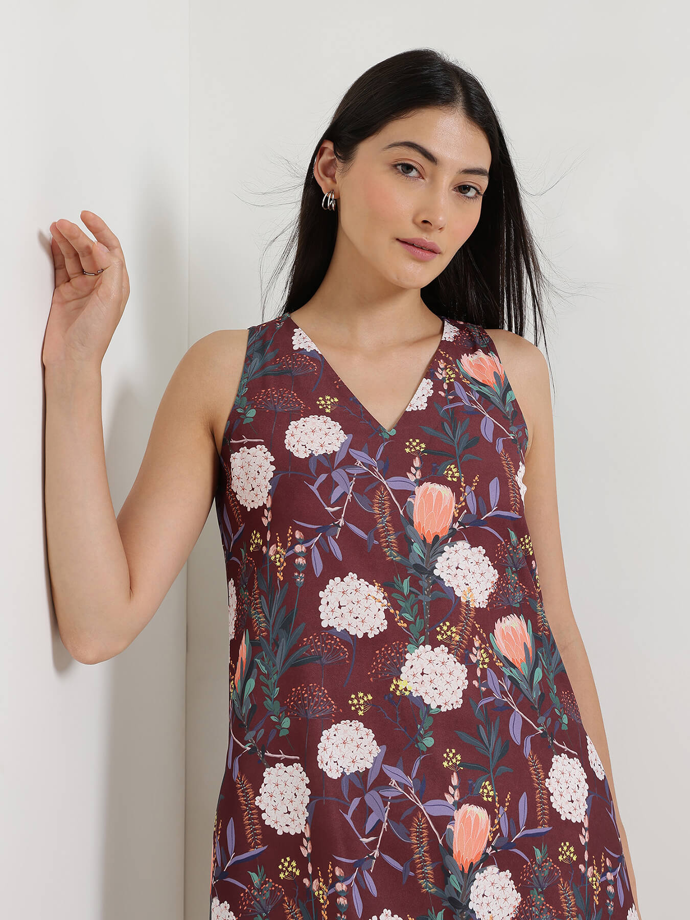 Floral A-Line Midi Dress - Brown
