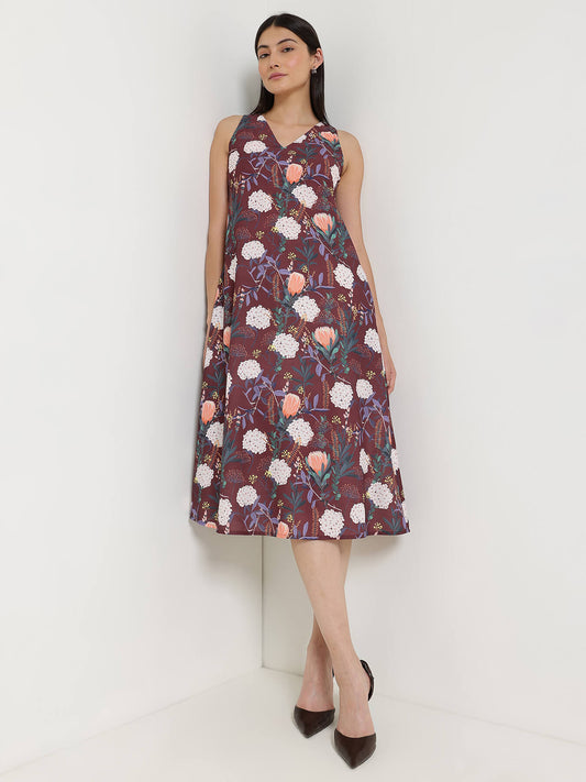 Floral A-Line Midi Dress - Brown