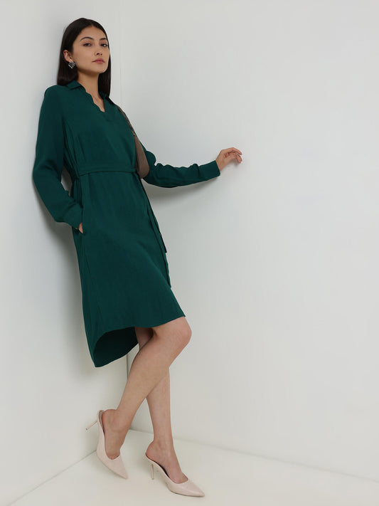 High Low A-Line Dress- Bottle Green