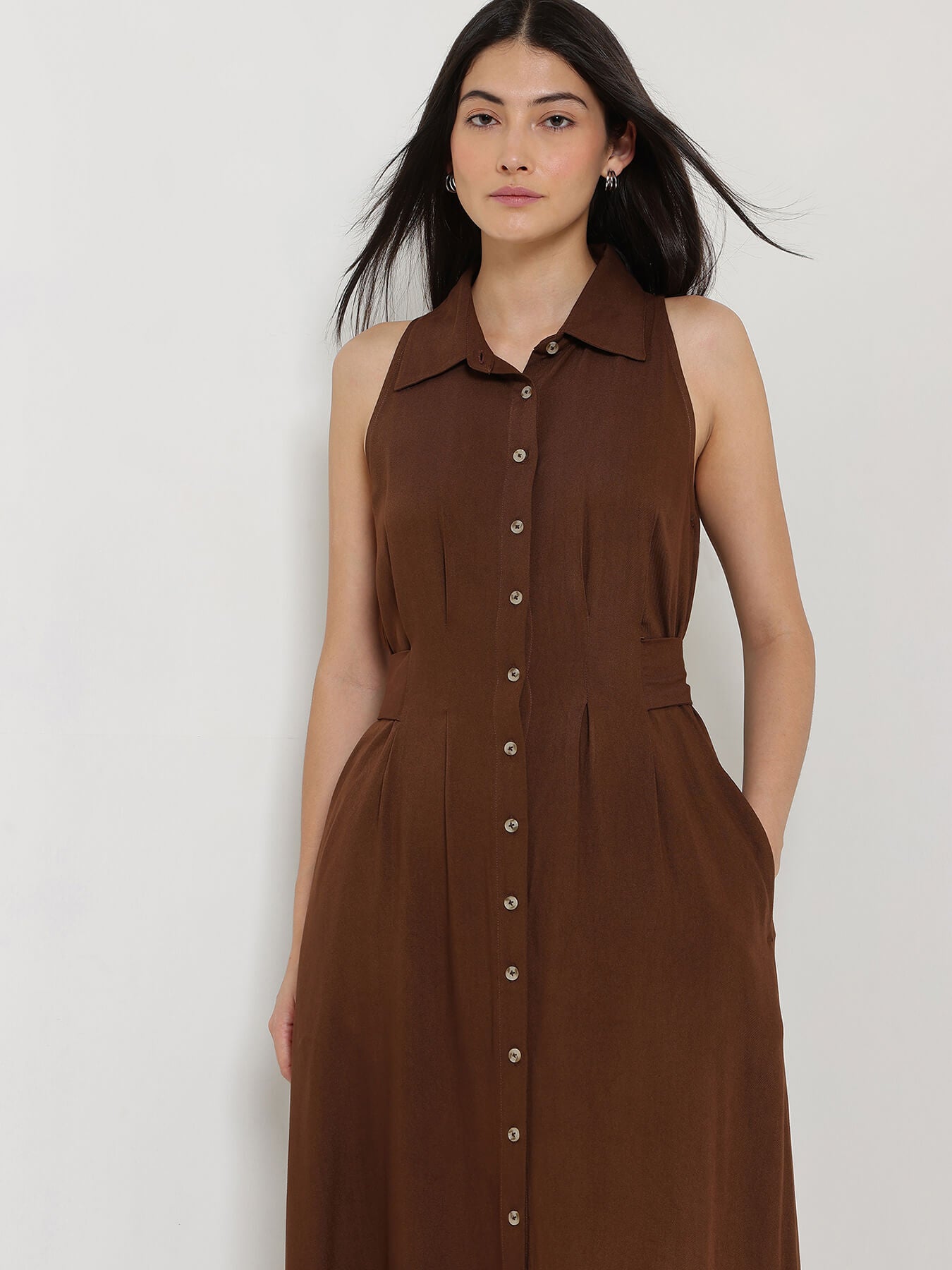 Fit & Flare Buttondown Maxi Dress - Brown