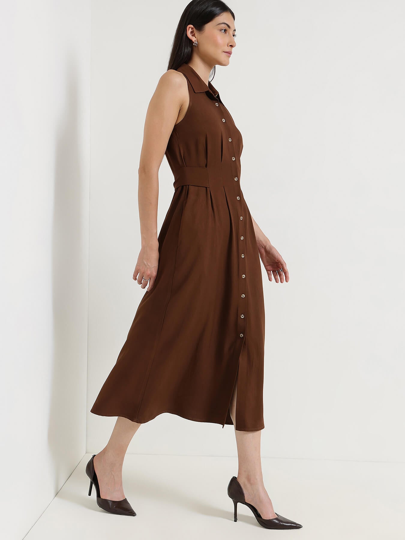 Fit & Flare Buttondown Maxi Dress - Brown