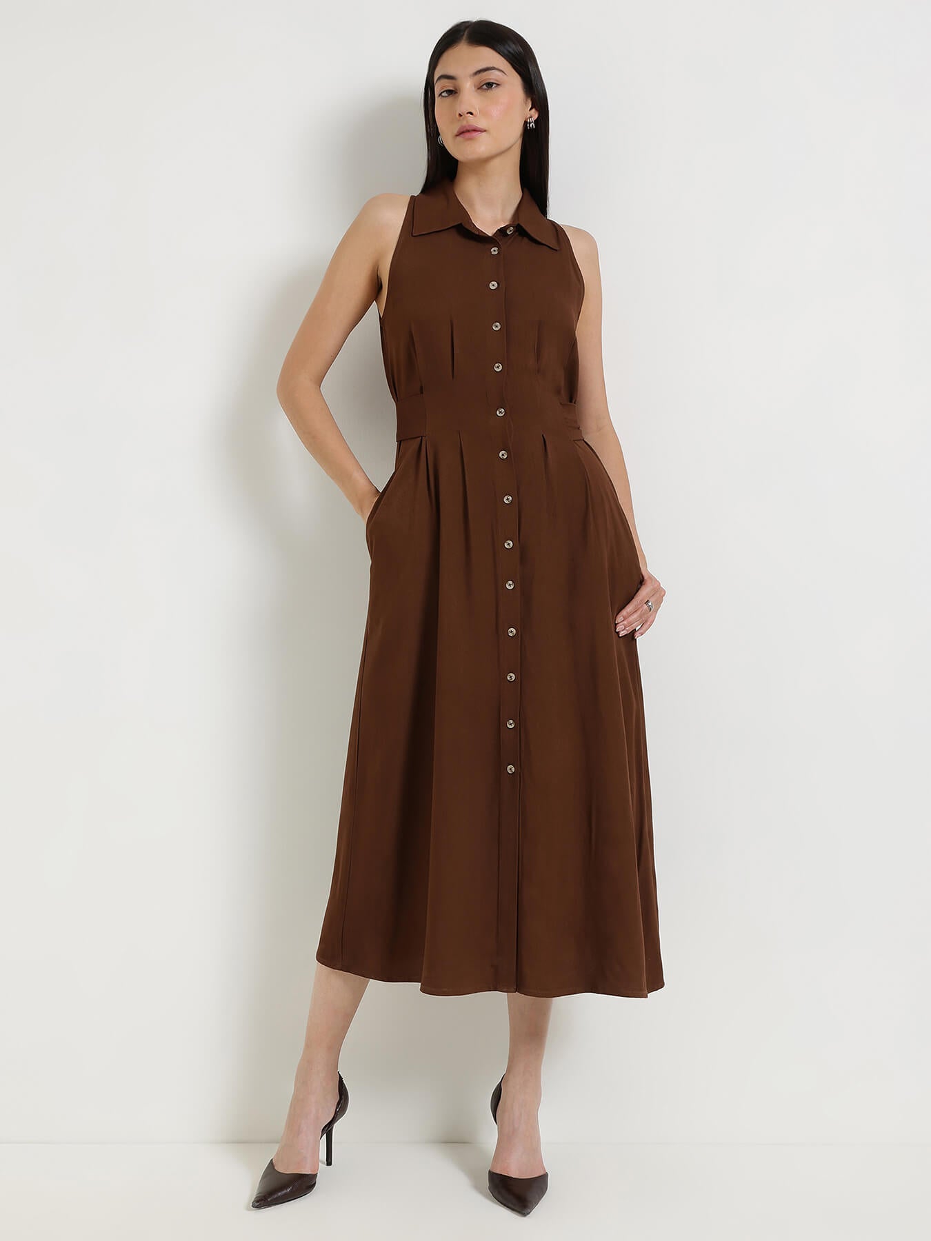 Fit & Flare Buttondown Maxi Dress - Brown