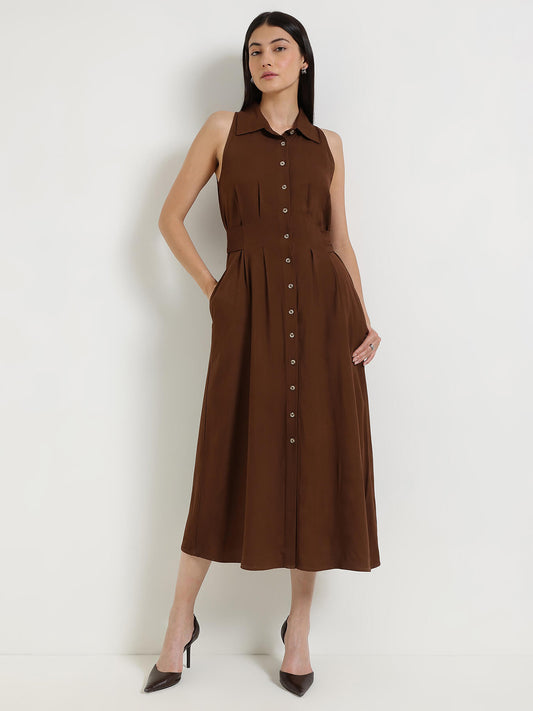 Fit & Flare Buttondown Maxi Dress - Brown