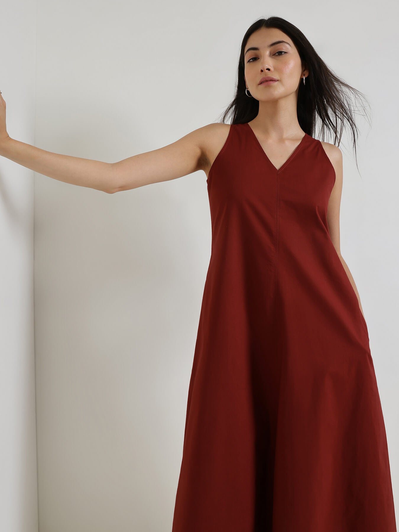 Cotton Fit & Flare Midi Dress - Maroon