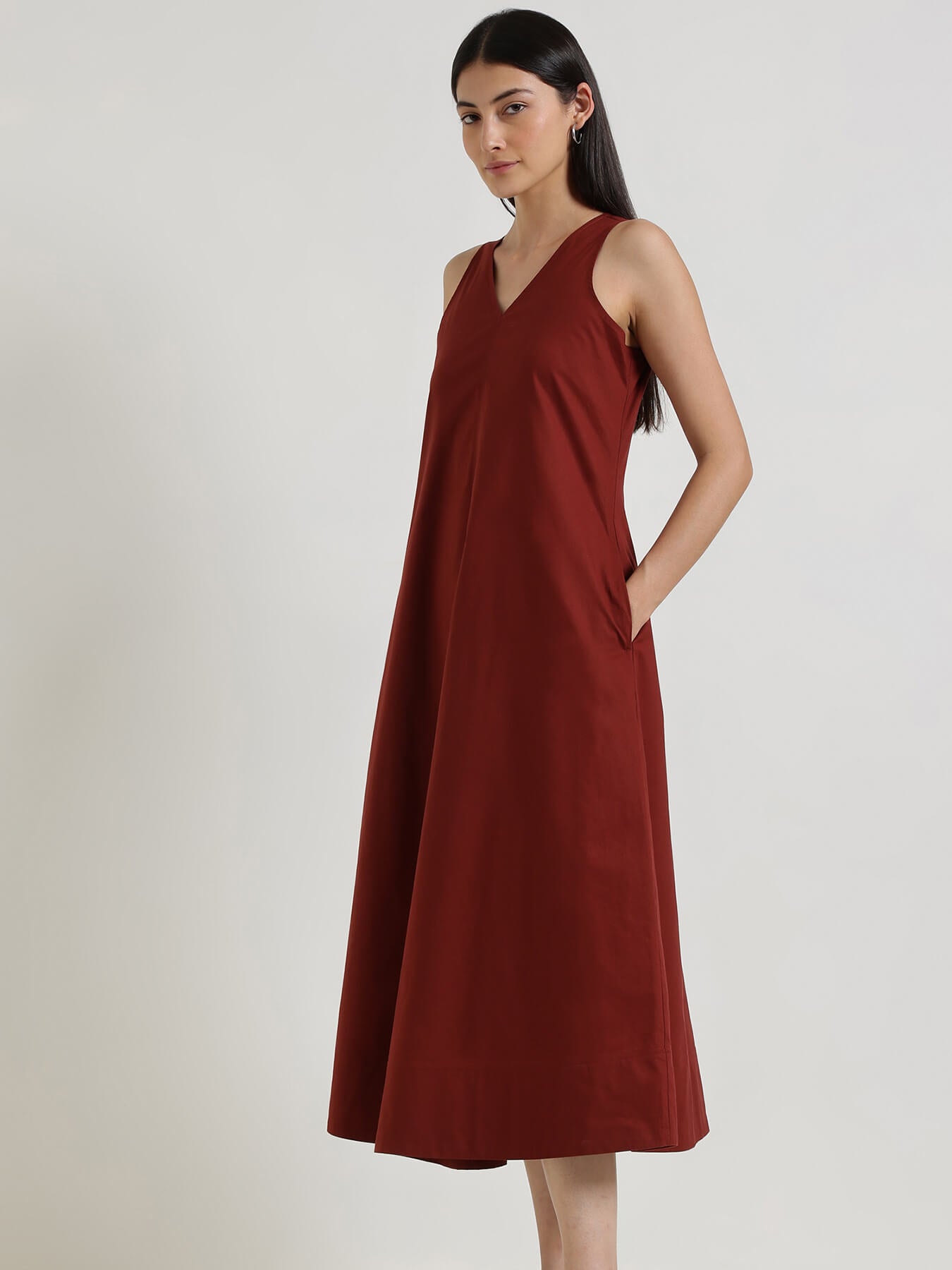 Cotton Fit & Flare Midi Dress - Maroon