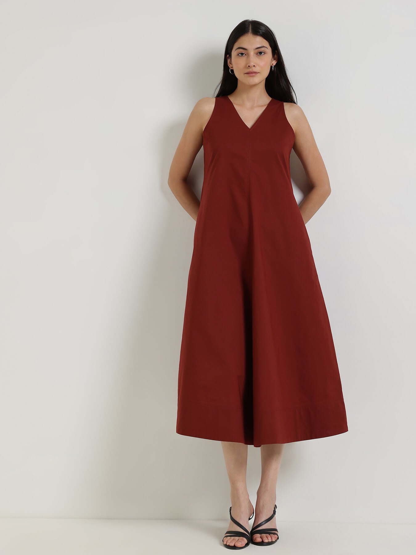 Cotton Fit & Flare Midi Dress - Maroon