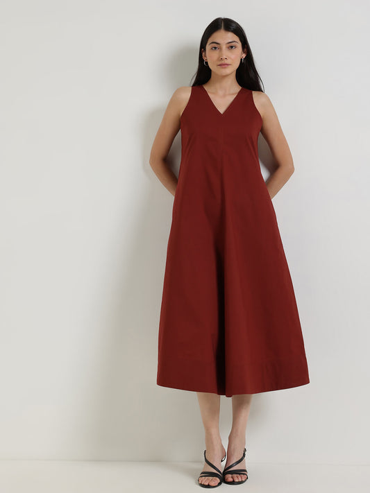 Cotton Fit & Flare Midi Dress - Maroon