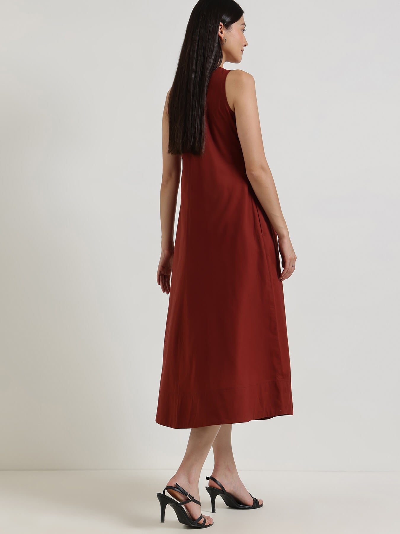 Cotton Fit & Flare Midi Dress - Maroon
