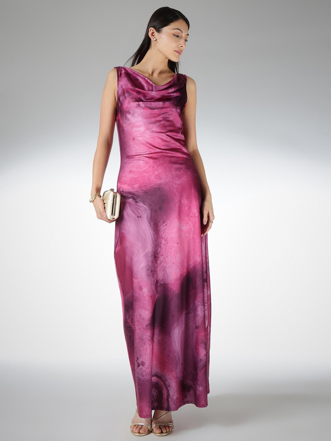 Satin Marble Print Maxi Dress - Pink