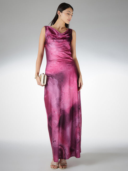 Satin Marble Print Maxi Dress - Pink