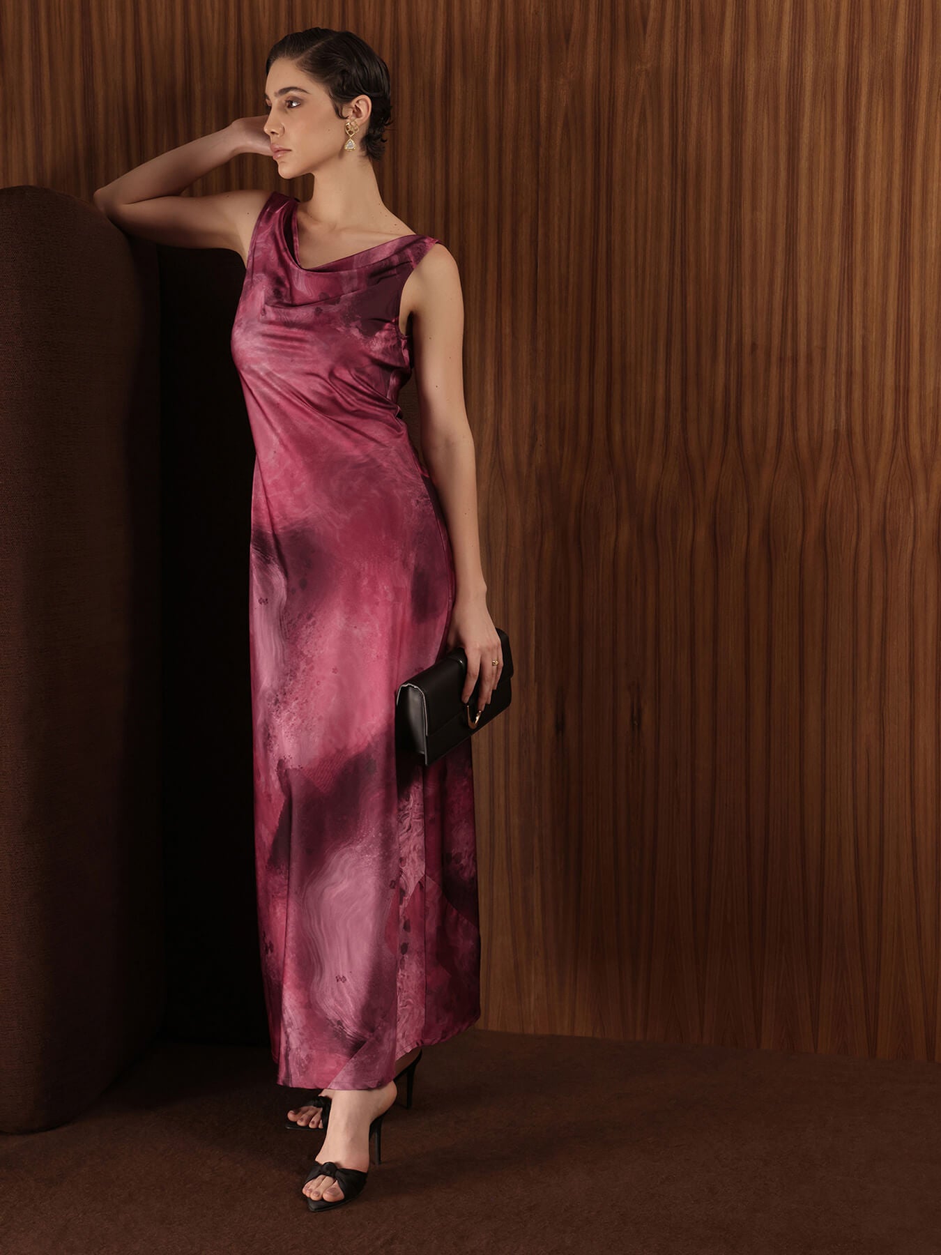 Satin Marble Print Maxi Dress - Pink