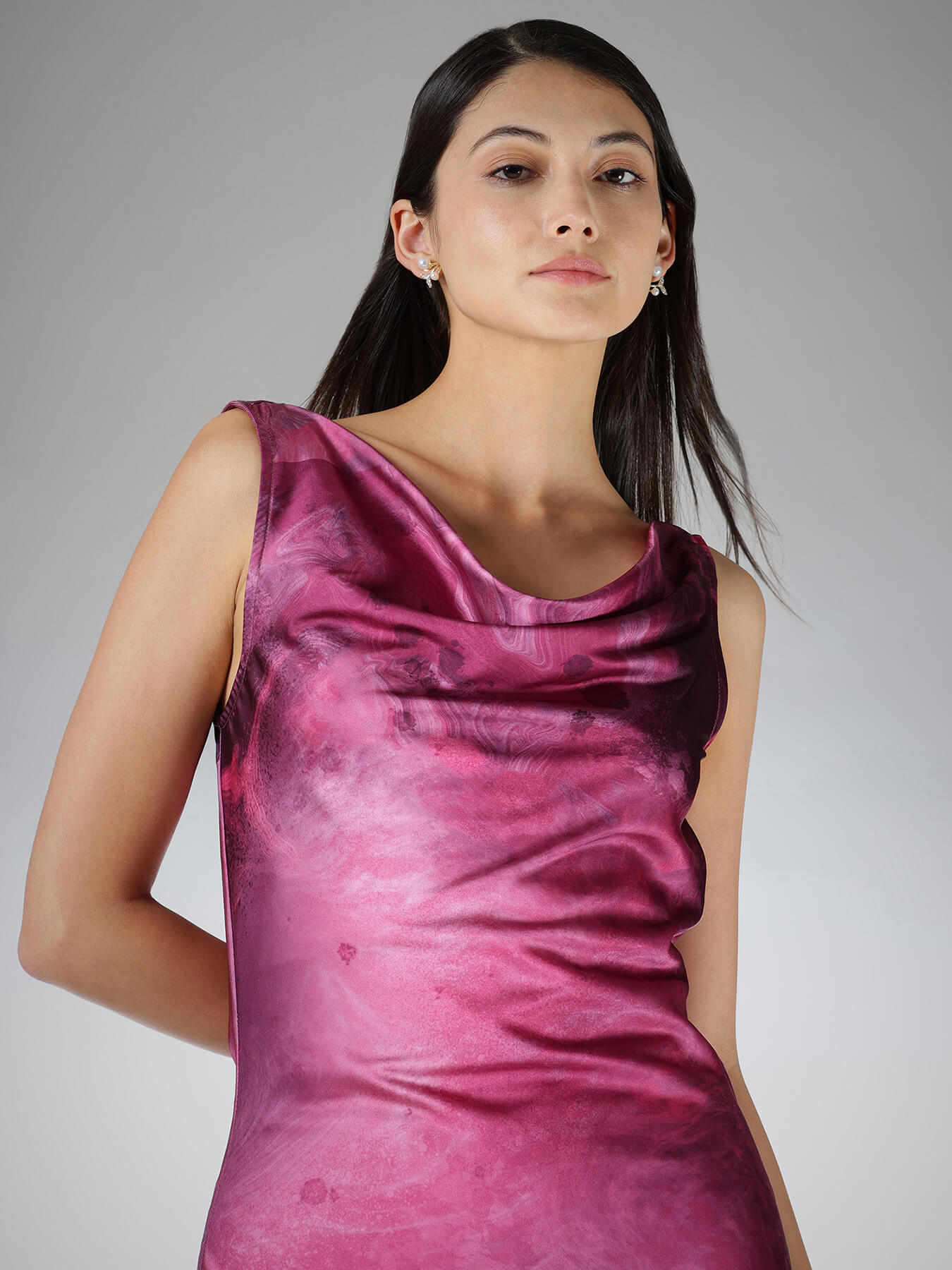 Satin Marble Print Maxi Dress - Pink