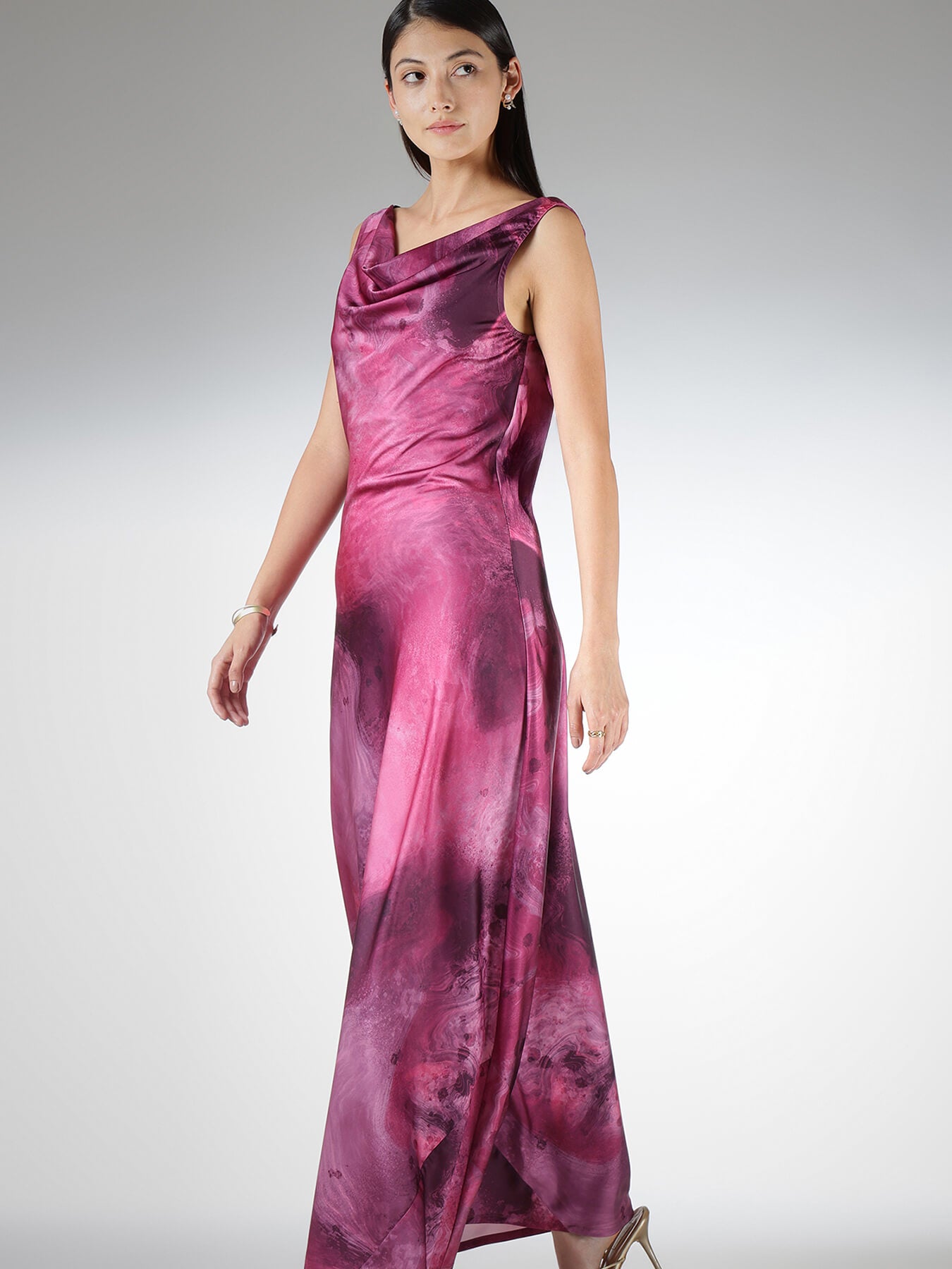 Satin Marble Print Maxi Dress - Pink