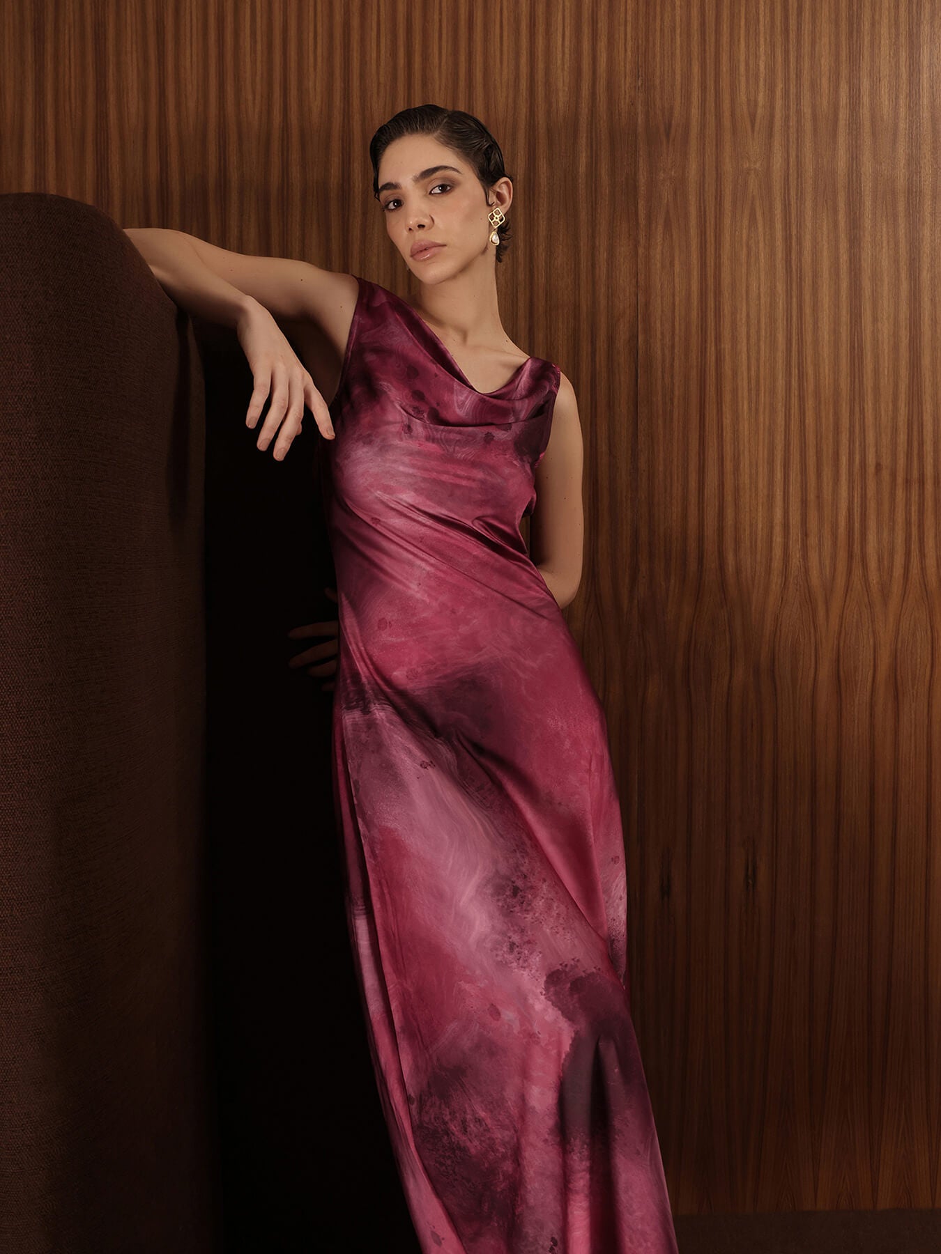 Satin Marble Print Maxi Dress - Pink