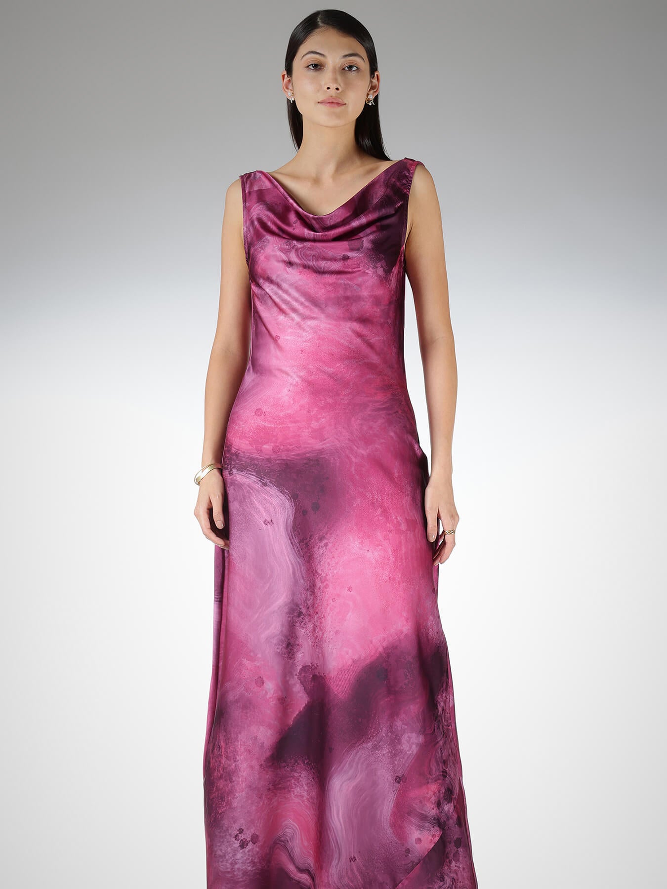 Satin Marble Print Maxi Dress - Pink