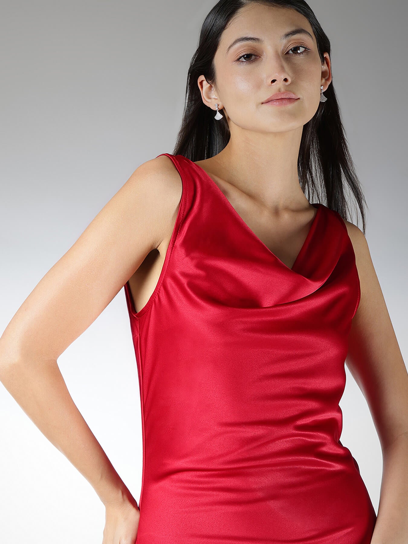 Satin Cowl Neck Maxi Dress - Red