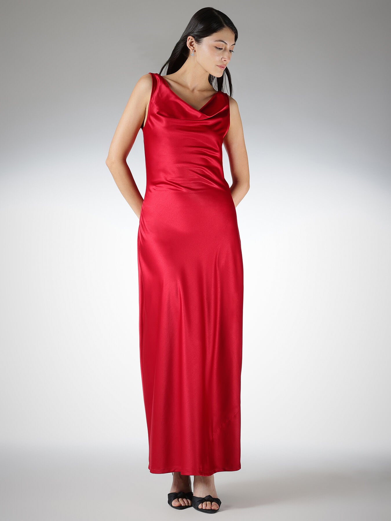 Satin Cowl Neck Maxi Dress - Red