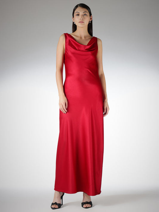 Satin Cowl Neck Maxi Dress - Red