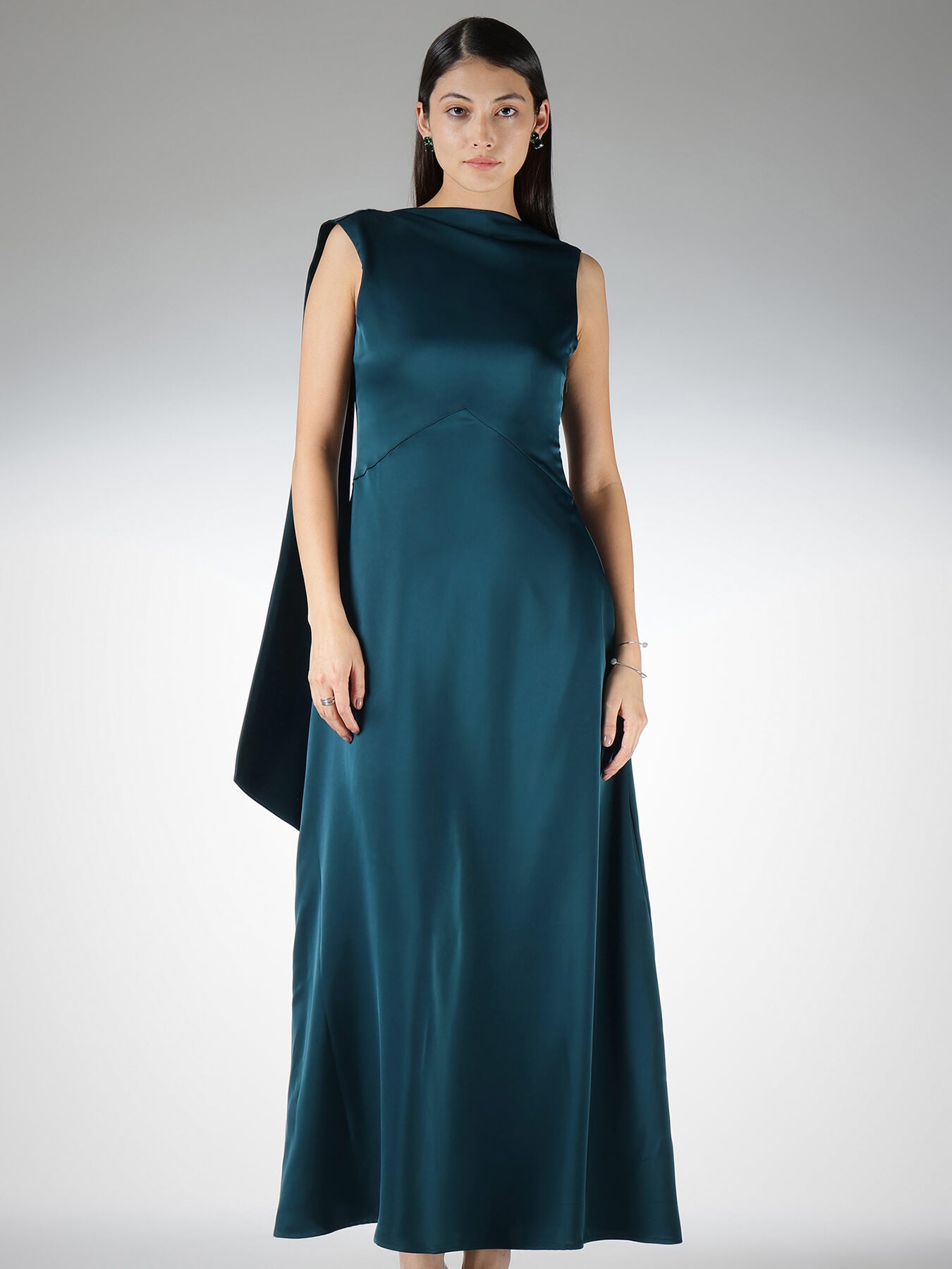 Satin High Neck Maxi Dress - Teal