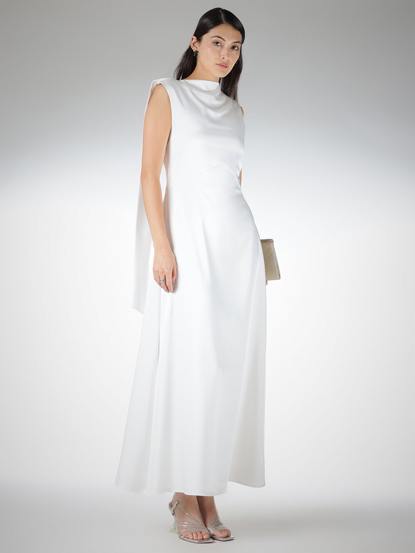 Satin High Neck Maxi Dress - White