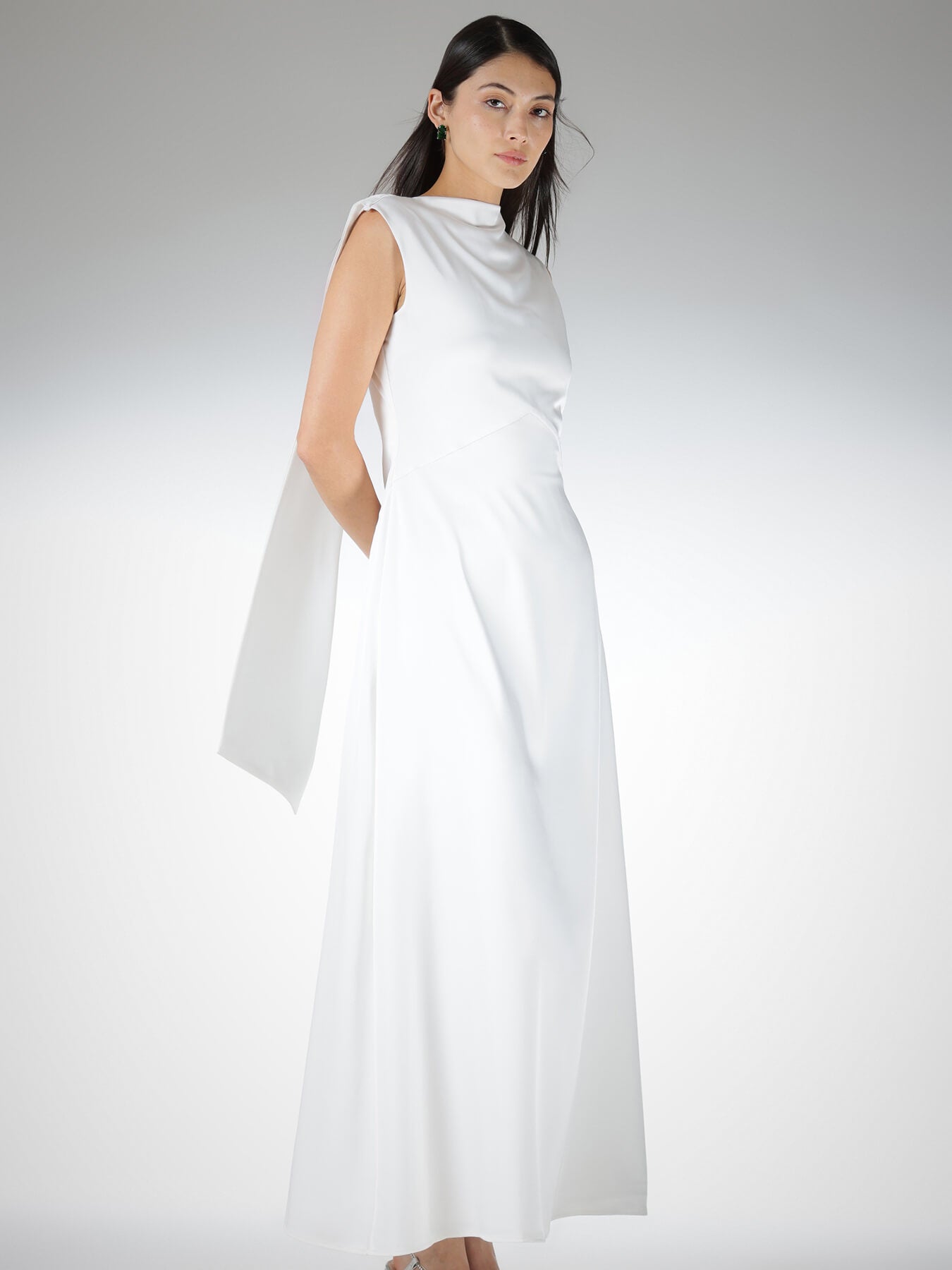 Satin High Neck Maxi Dress - White