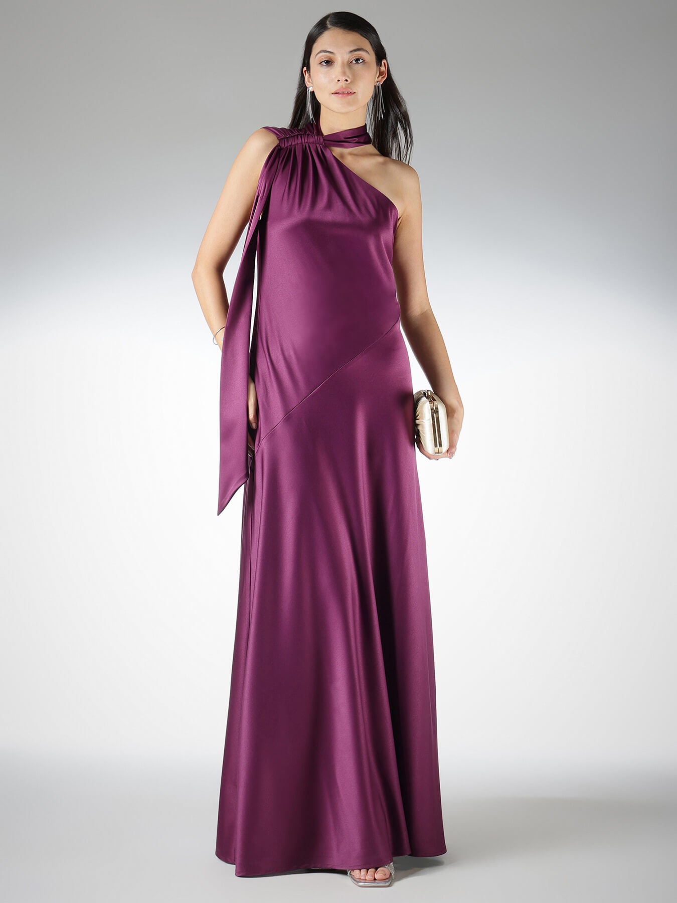 Satin Tie Detail Gown Dress - Wine