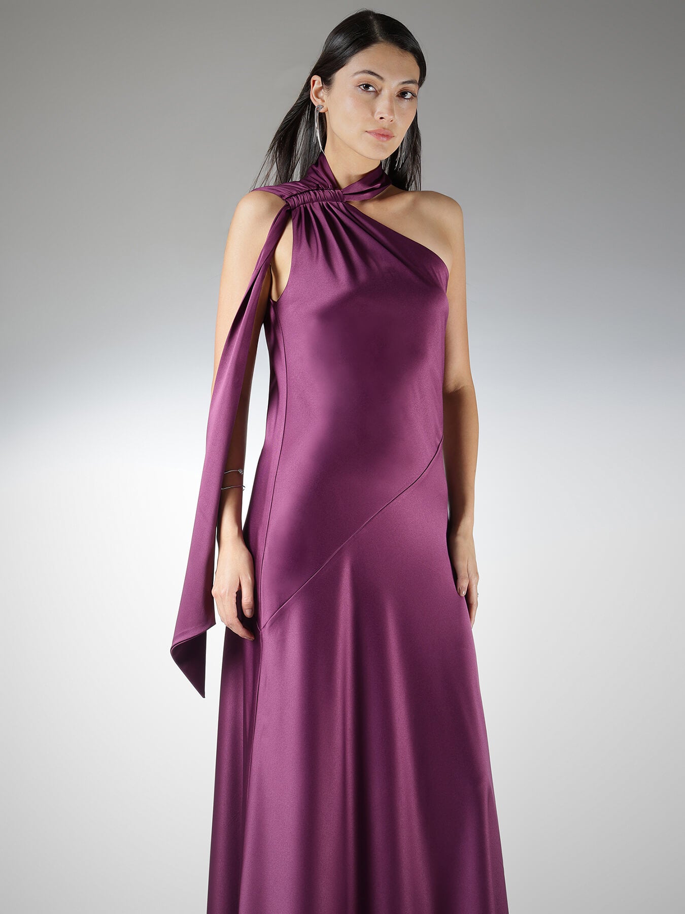 Satin Tie Detail Gown Dress - Wine
