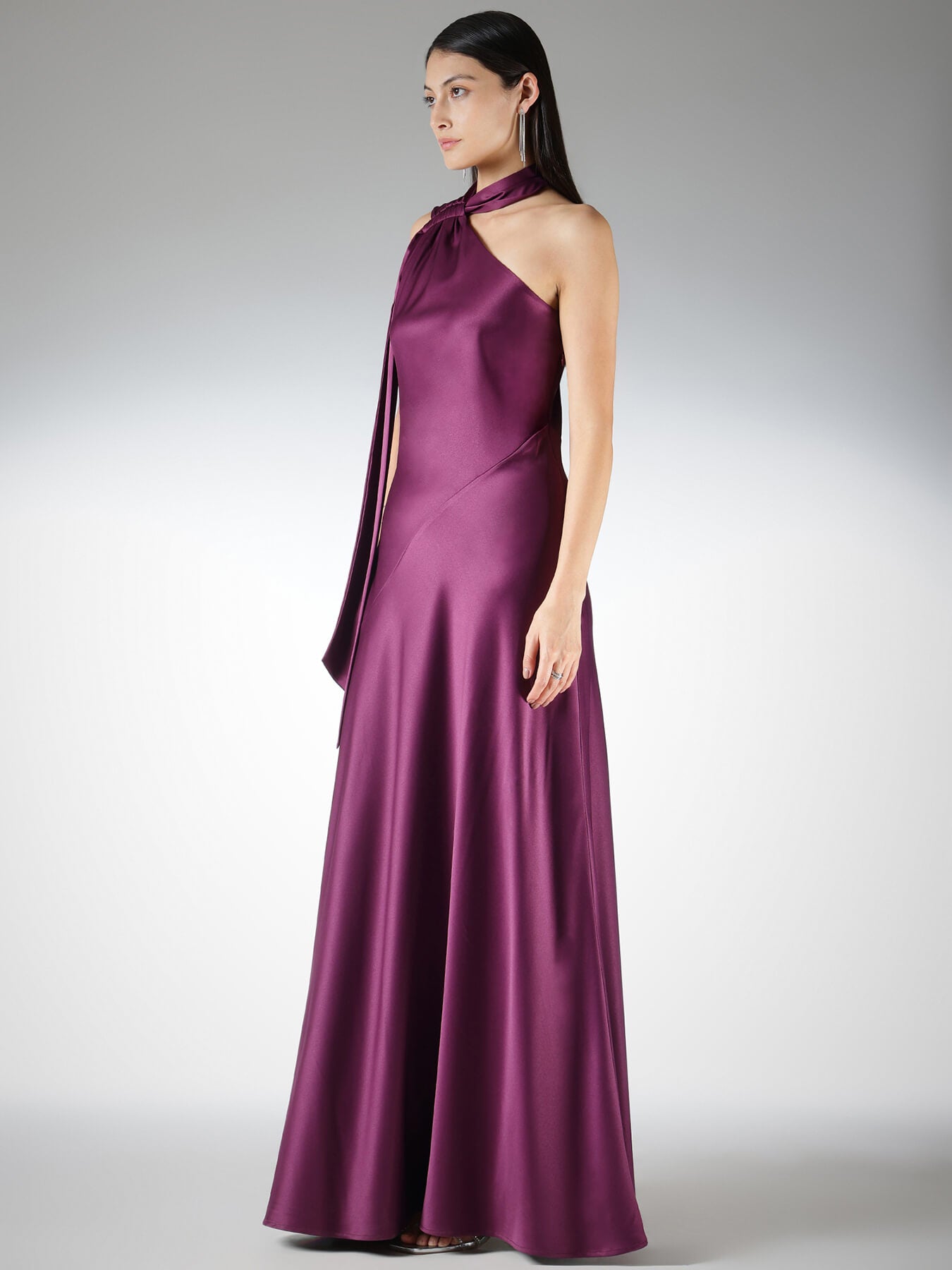 Satin Tie Detail Gown Dress - Wine