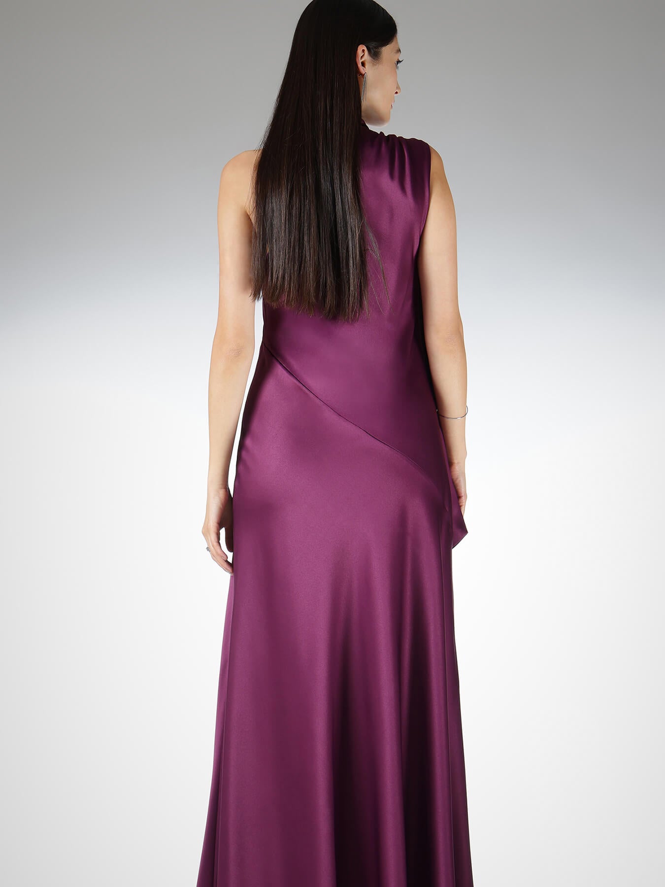 Satin Tie Detail Gown Dress - Wine