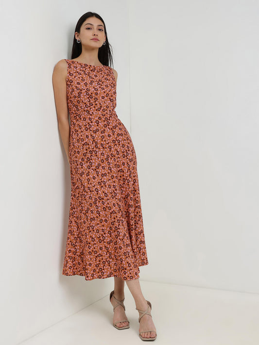 Floral Fit & Flare Maxi Dress - Brown