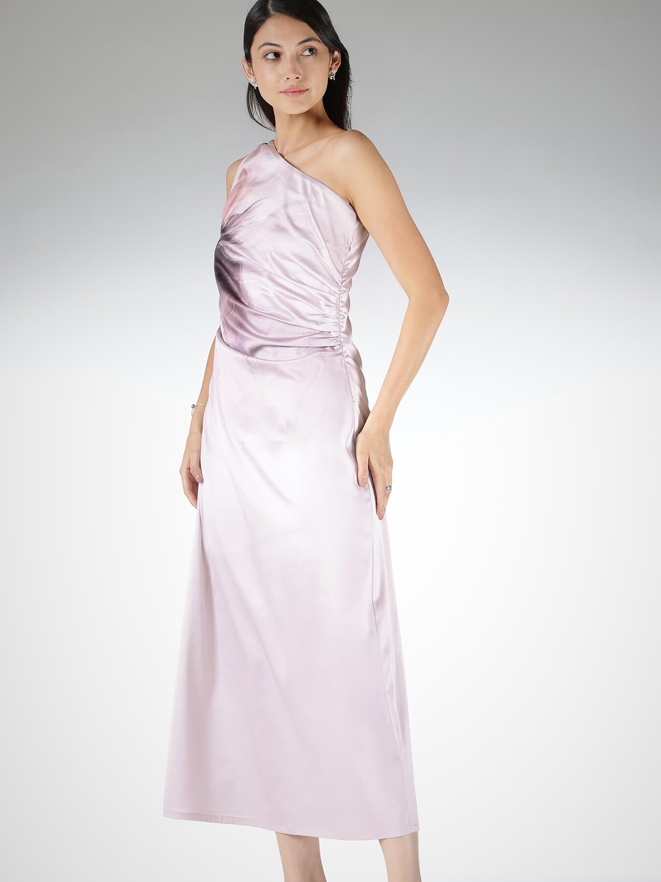 Satin Floral One Shoulder Dress - Pink