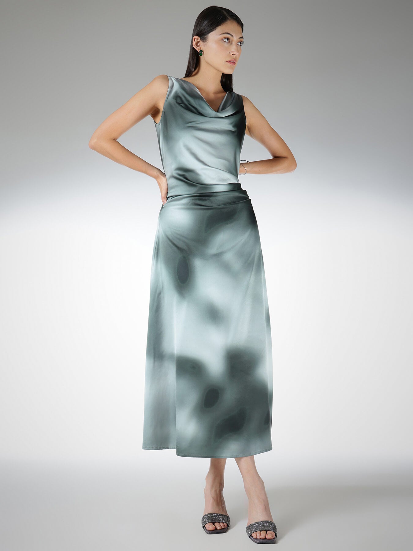 Satin Ombre A-Line Dress - Olive