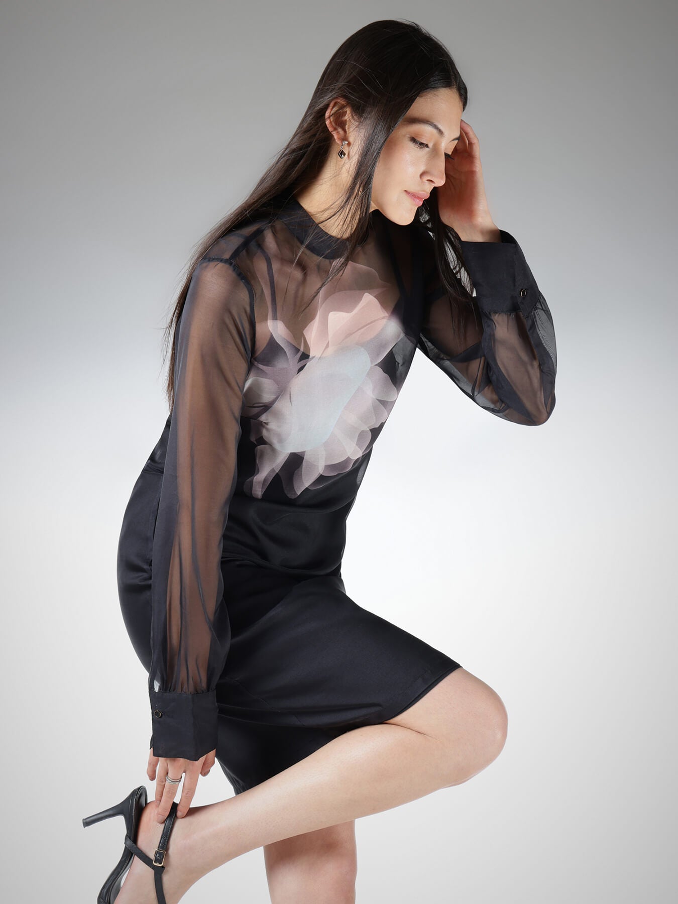Organza Placement Print Shift Dress - Black