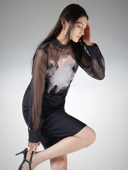 Organza Placement Print Shift Dress - Black
