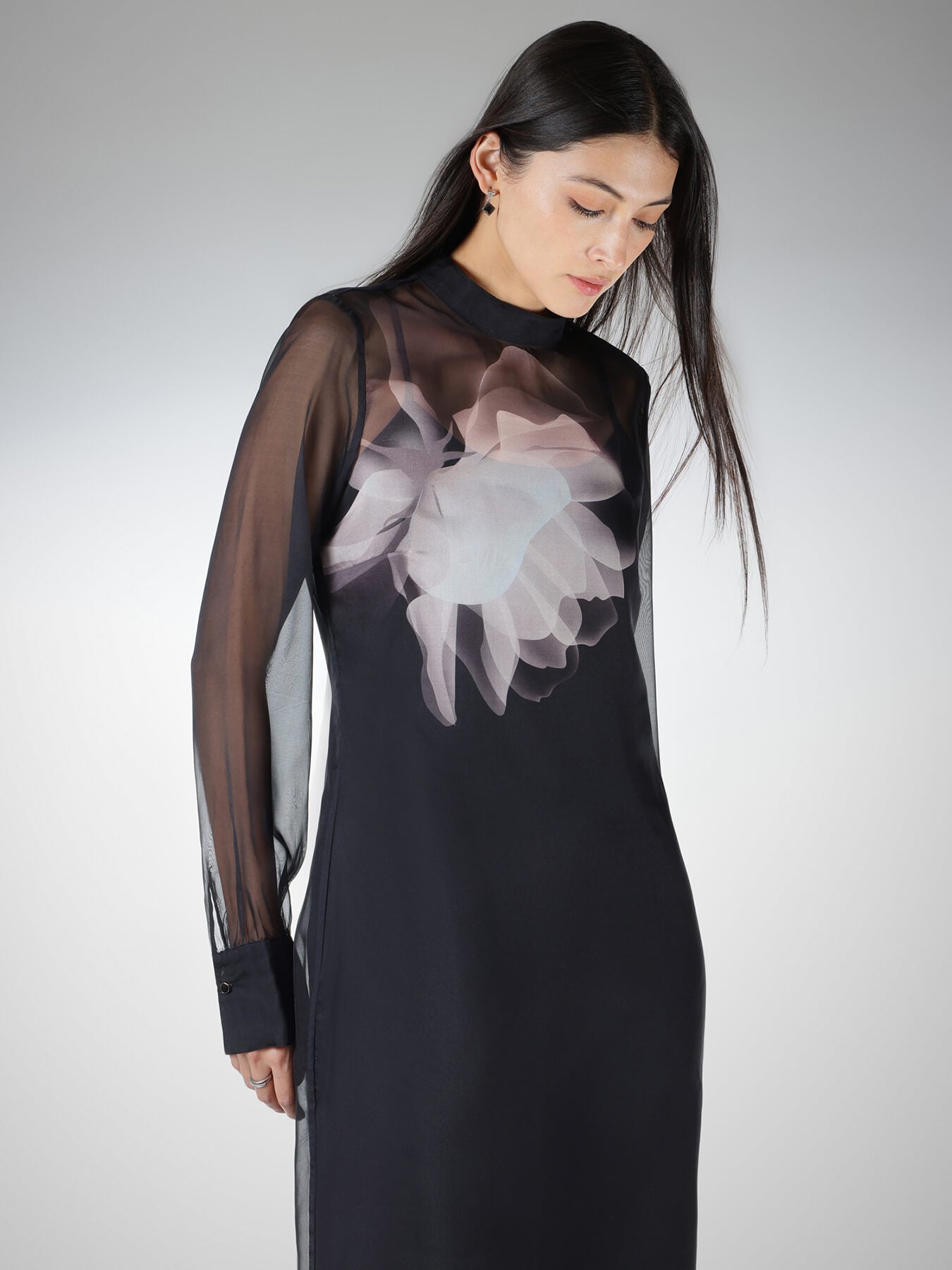 Organza Placement Print Shift Dress - Black