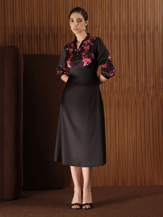 Satin Floral A-Line Dress - Black