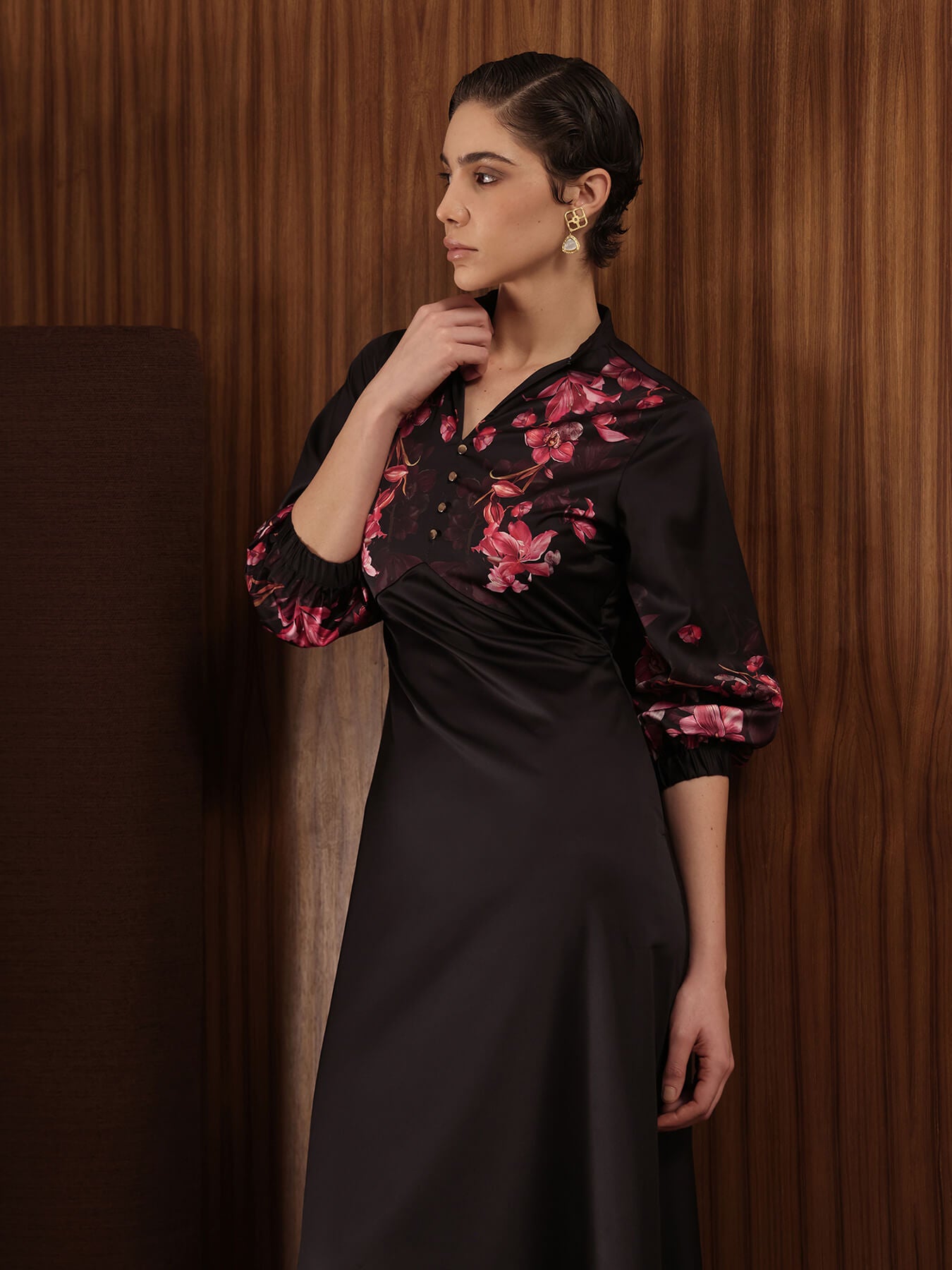 Satin Floral A-Line Dress - Black
