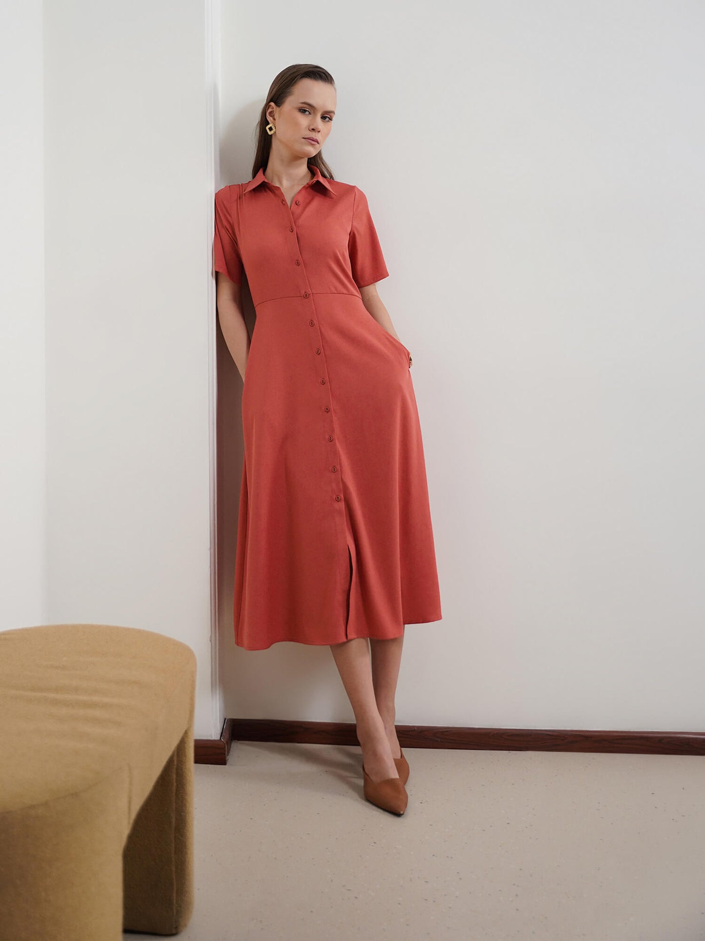 Fit and Flare Shirt Dress - Red