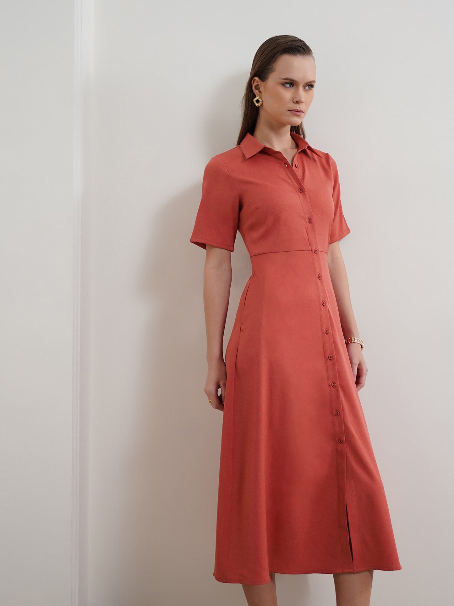 Fit and Flare Shirt Dress - Red