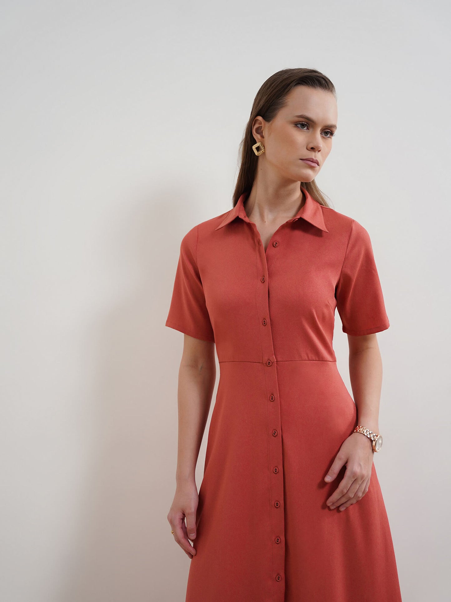 Fit and Flare Shirt Dress - Red