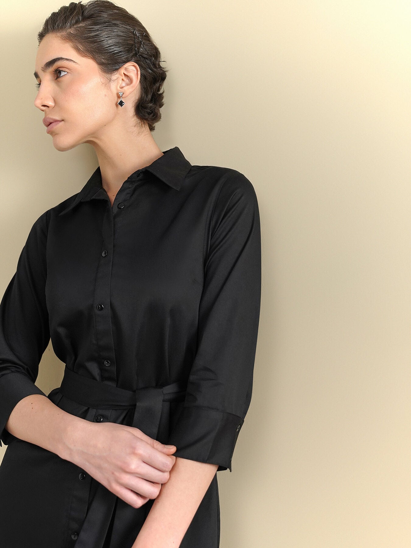 Cotton Shirt Dress - Black