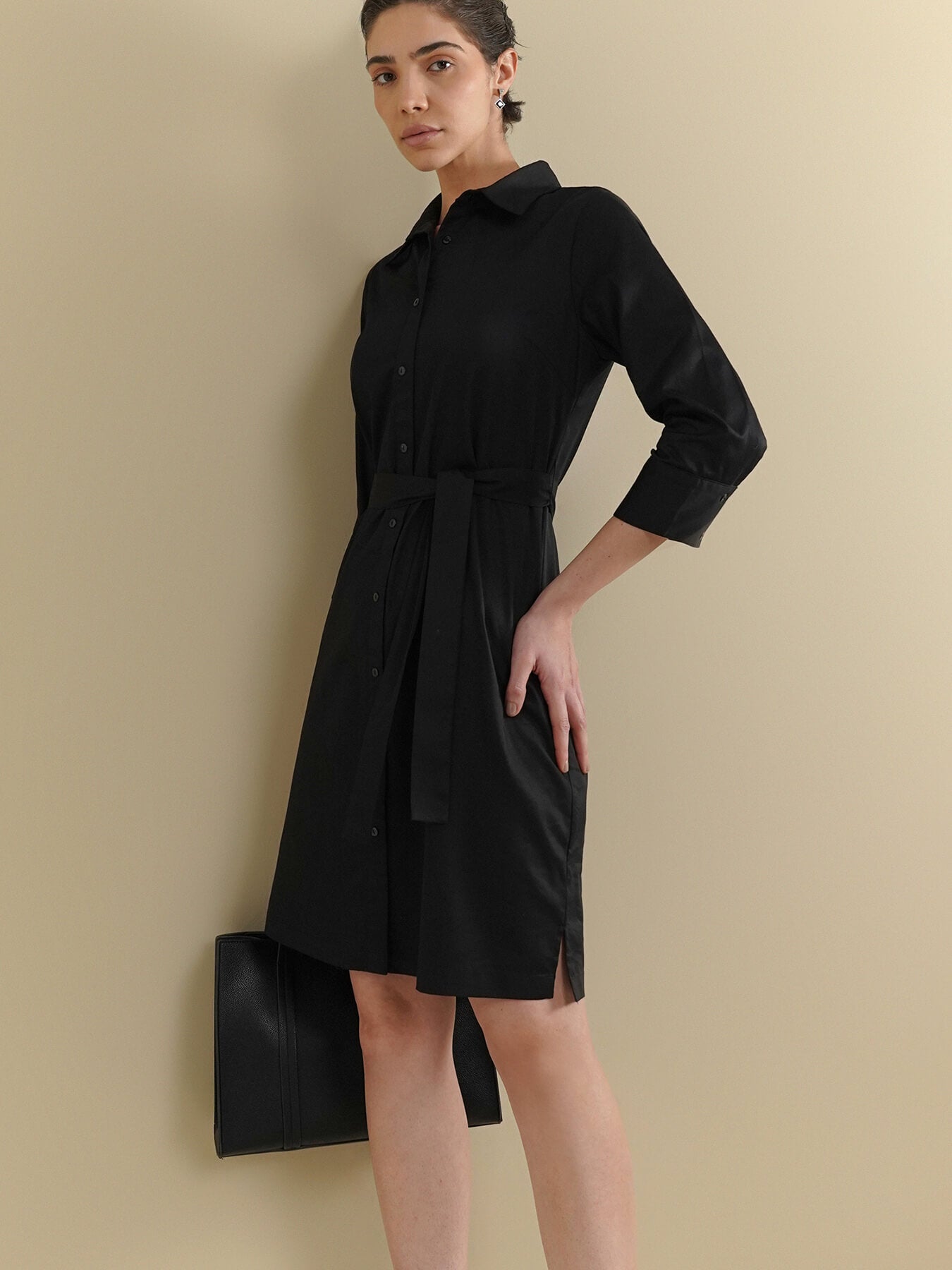 Cotton Shirt Dress - Black