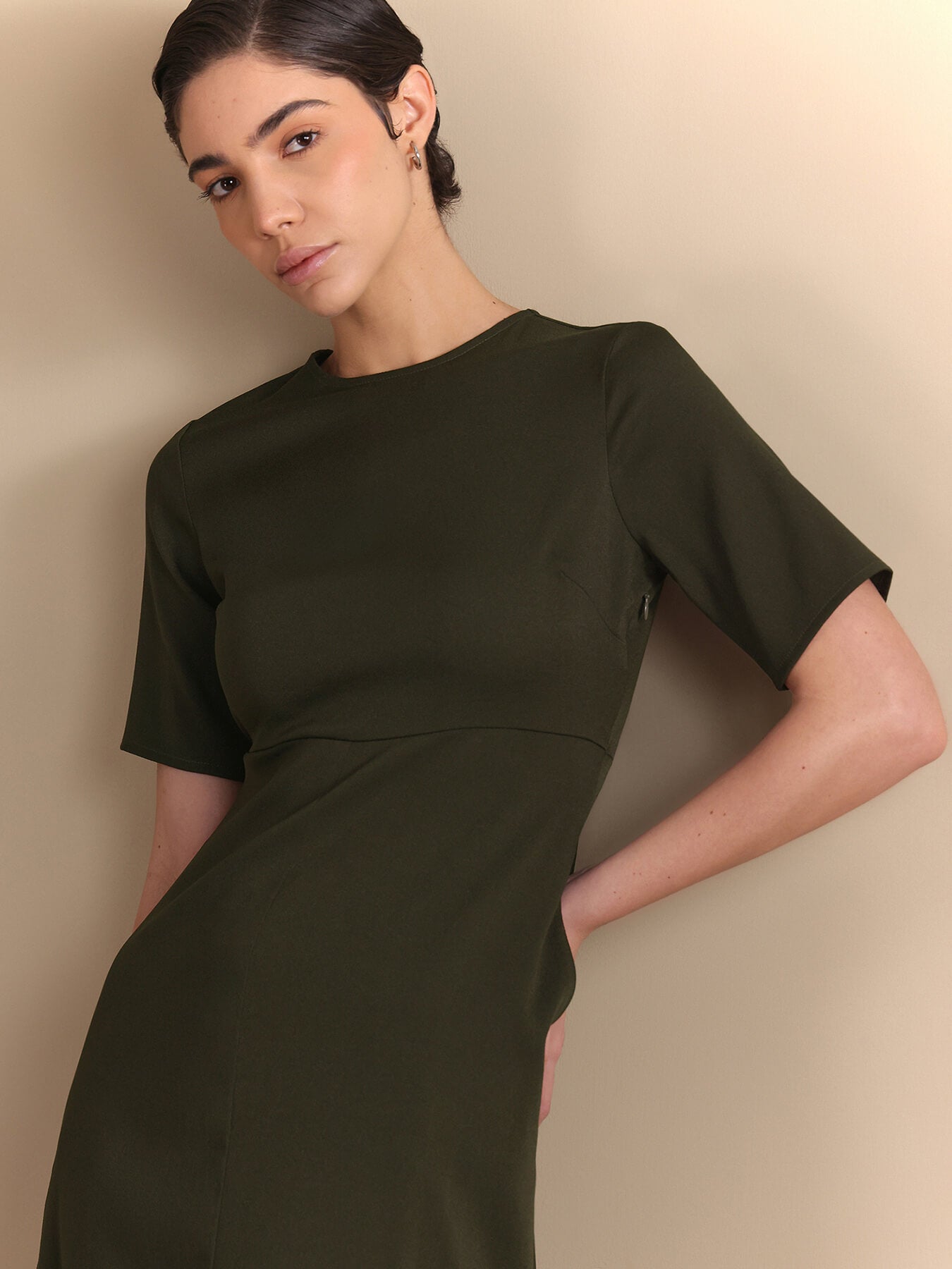 Round Collar Midi Dress - Olive