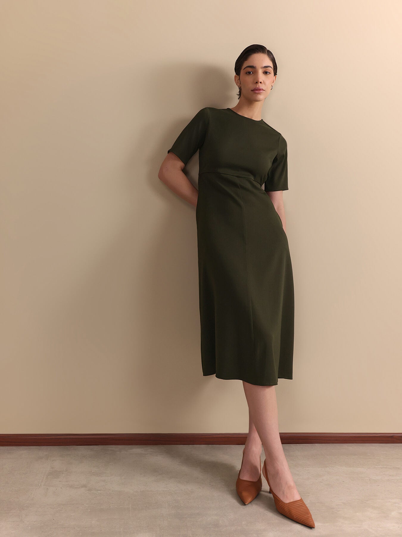 Round Collar Midi Dress - Olive