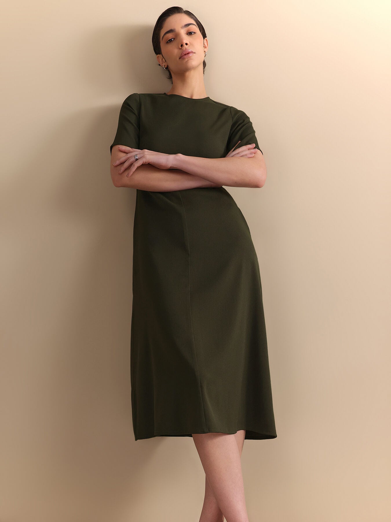 Round Collar Midi Dress - Olive