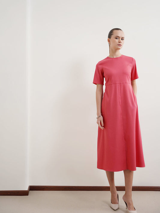 Round Neck A-Line Dress - Pink