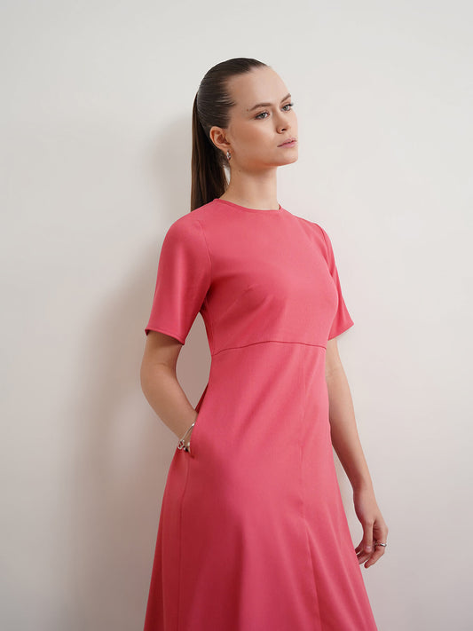 Round Neck A-Line Dress - Pink