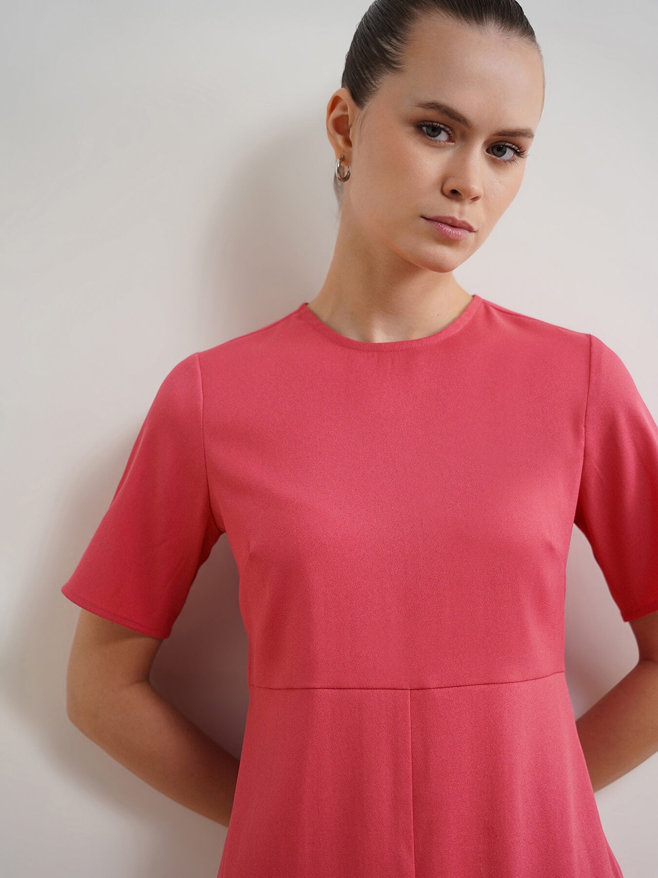 Round Neck A-Line Dress - Pink